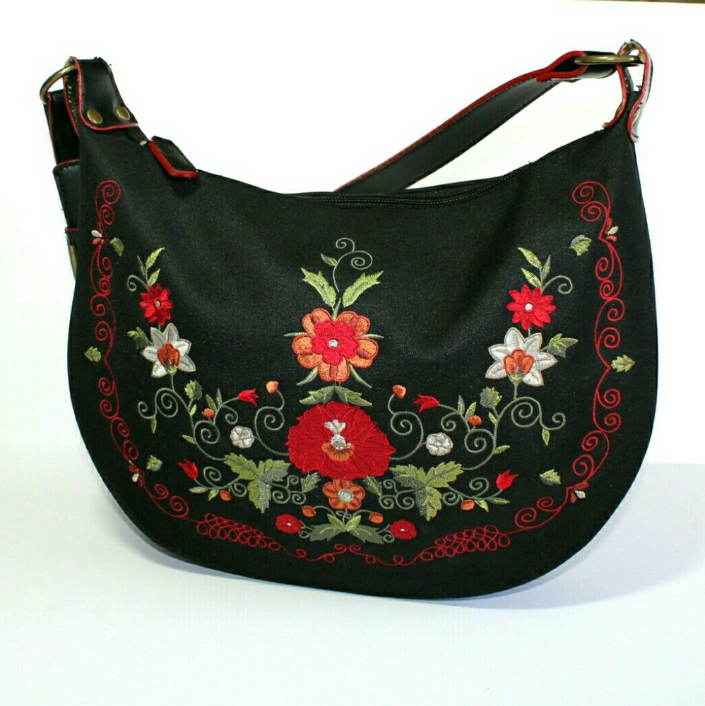 Black Fabric with Floral Embroidery Shoulder Bag